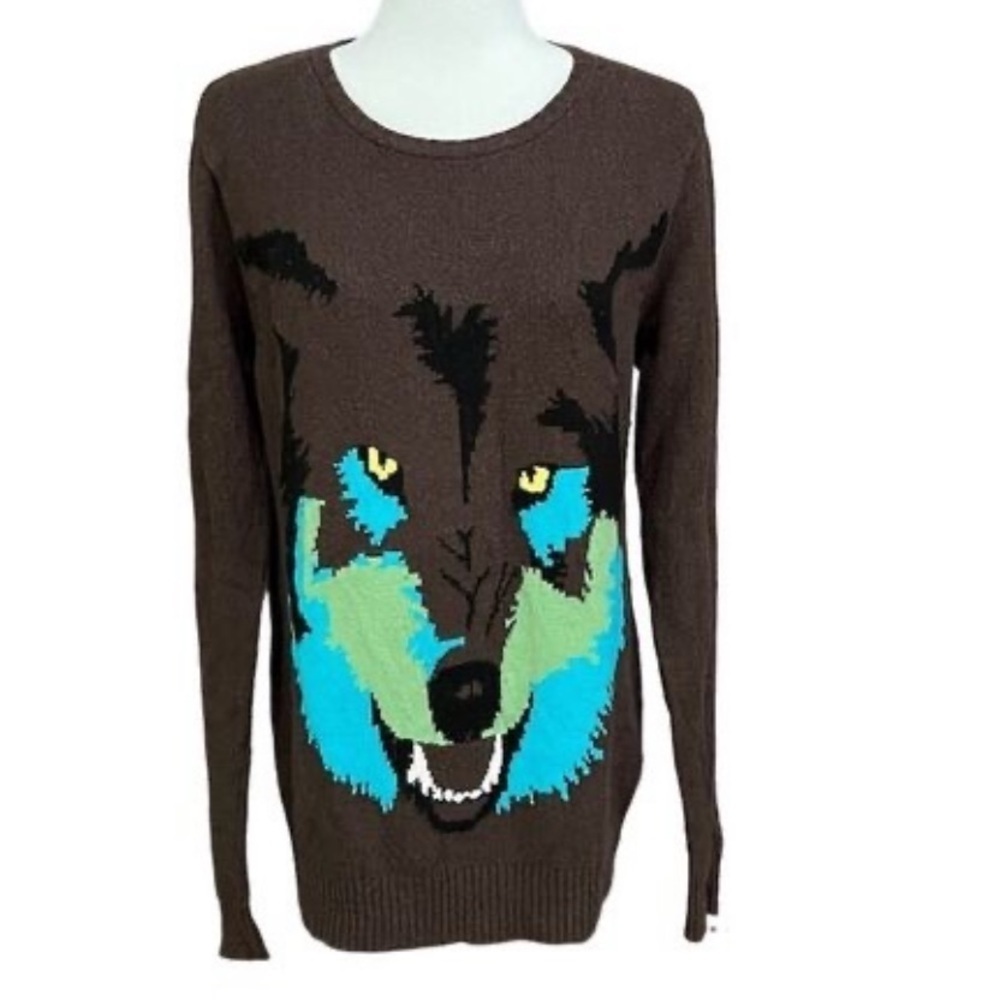 H&M Divided Women's Brown Pullover Sweater, Wolf Graphic Blue Accents, M​​